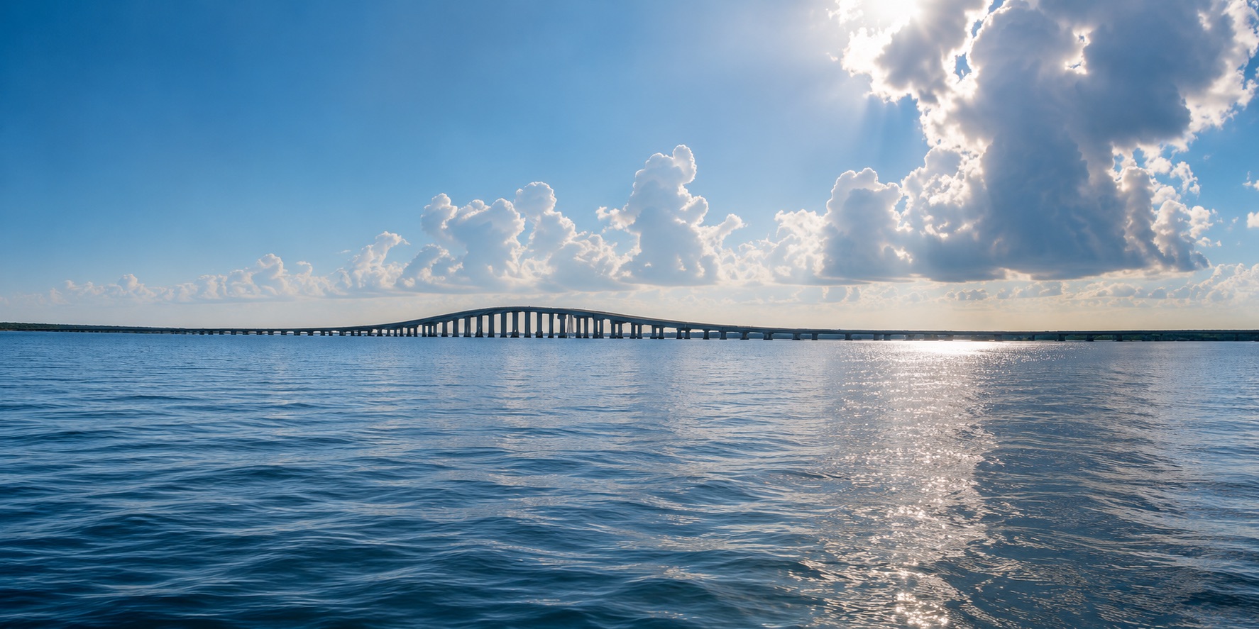 Garcon Point Bridge crossing coastal water under a bright Gulf Coast sky.